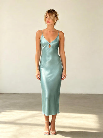 Simple Spaghetti Straps  V-neck Satin Sleeveless Sheath Long Prom Party Dress,PDS11823
