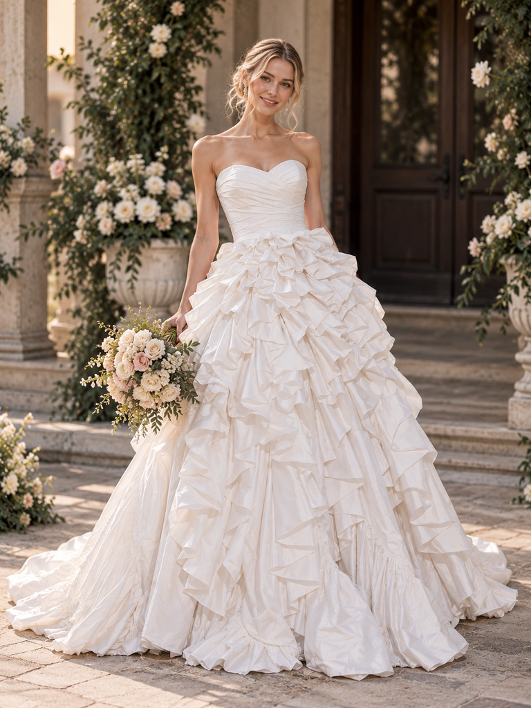 Gorgeous Sweetheart Strapless Ruffled Satin Floor Length Wedding Dress, WD0407