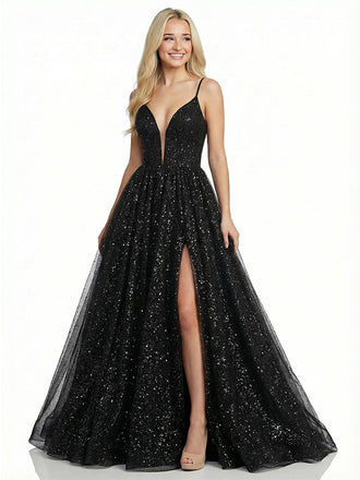 Sparkly Black V-Neck Sleeveless Side Slit A-Line Long Prom Party Dress,PDS11784