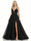 Sparkly Black V-Neck Sleeveless Side Slit A-Line Long Prom Party Dress,PDS11784