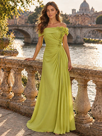 Elegant Lime Green Chiffon Off Shoulder 3D Floral Pleated A Line Long Evening Dress,PDS118819