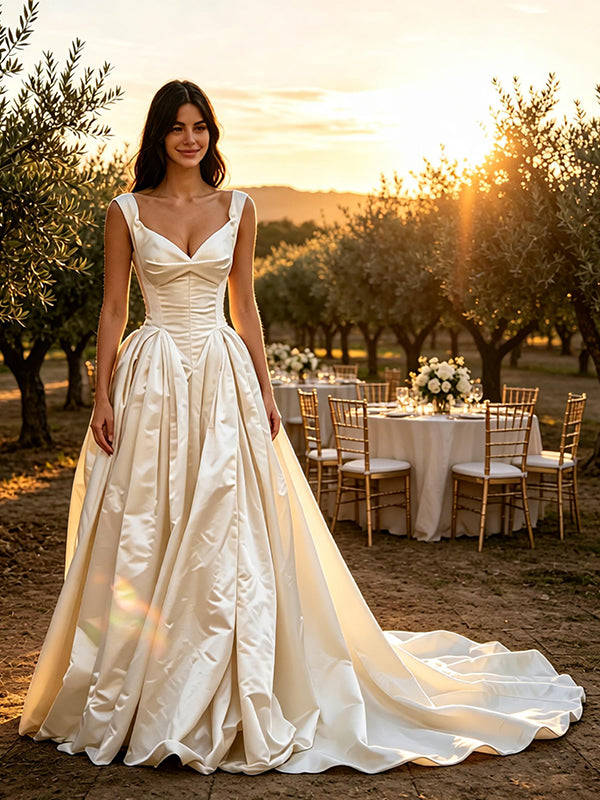 Sexy V-Neck Sleeveless Pleats Satin A-Line Floor Length Wedding Dresses, WD0389