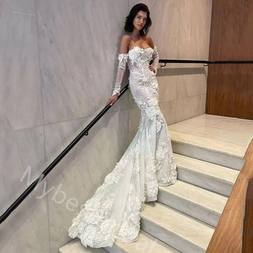 Sexy Off Shoulder Mermaid Lace Applique Wedding Dresses, WDY0351