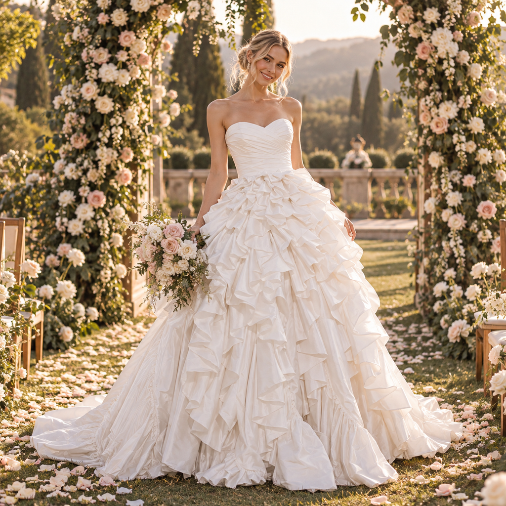 Gorgeous Sweetheart Strapless Ruffled Satin Floor Length Wedding Dress, WD0407