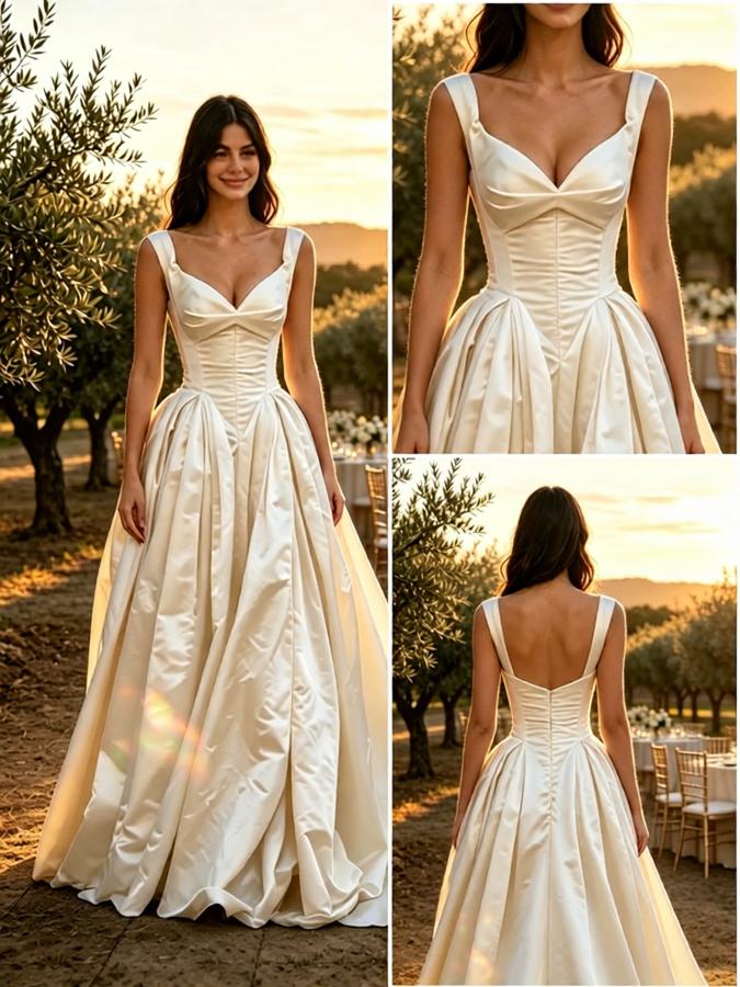 Sexy V-Neck Sleeveless Pleats Satin A-Line Floor Length Wedding Dresses, WD0389