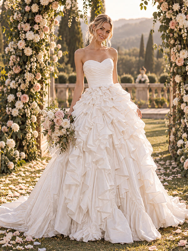 Gorgeous Sweetheart Strapless Ruffled Satin Floor Length Wedding Dress, WD0407
