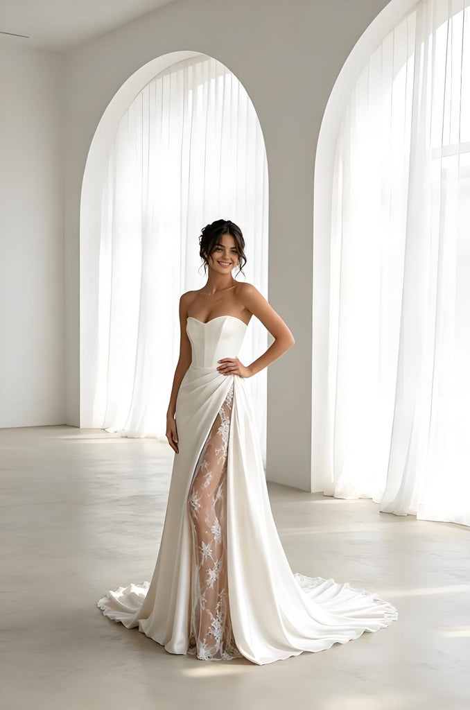Sexy V-Neck Strapless Lace and Satin Mermaid Floor Length Wedding Dresses, WD0375