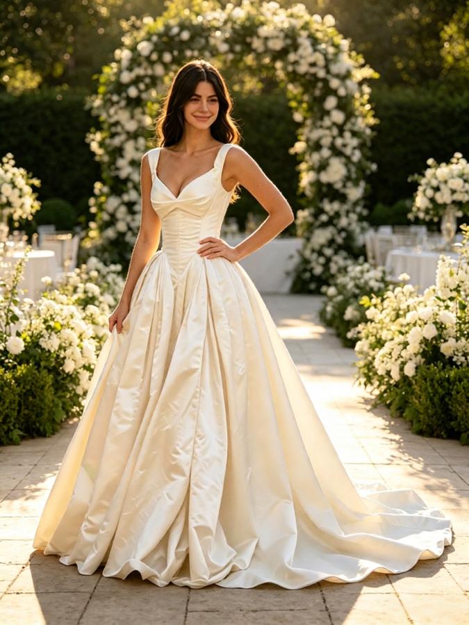 Sexy V-Neck Sleeveless Pleats Satin A-Line Floor Length Wedding Dresses, WD0389