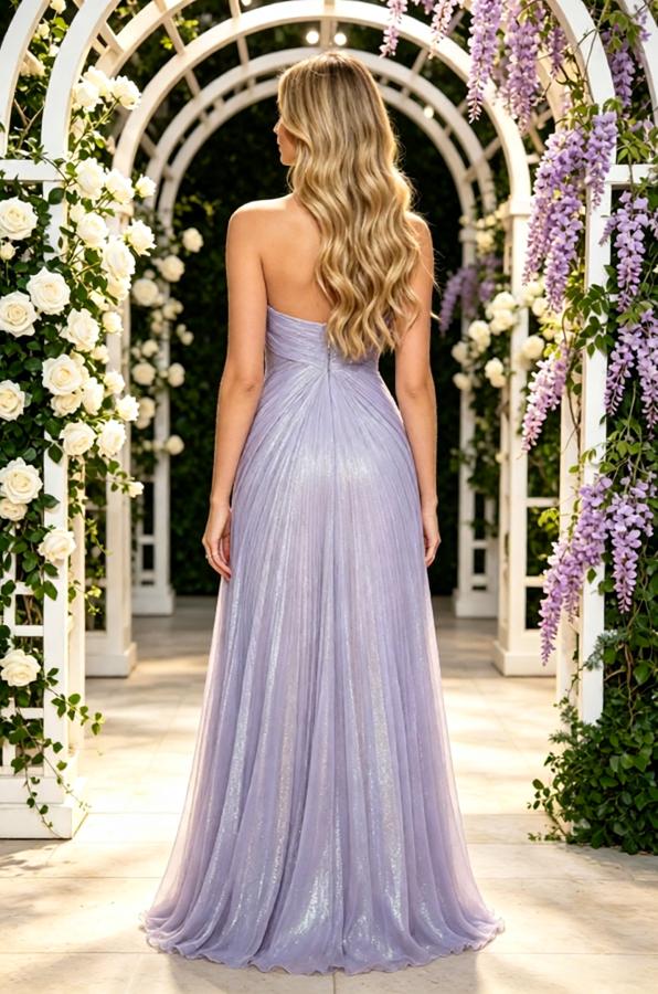 Lavender Glitter Chiffon Strapless Deep V A-Line Floor Length Prom Gown,PDS118548