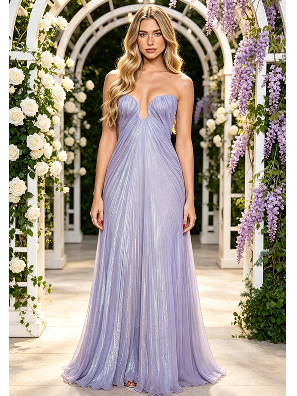 Lavender Glitter Chiffon Strapless Deep V A-Line Floor Length Prom Gown,PDS118548