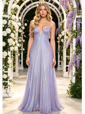 Lavender Glitter Chiffon Strapless Deep V A-Line Floor Length Prom Gown,PDS118548