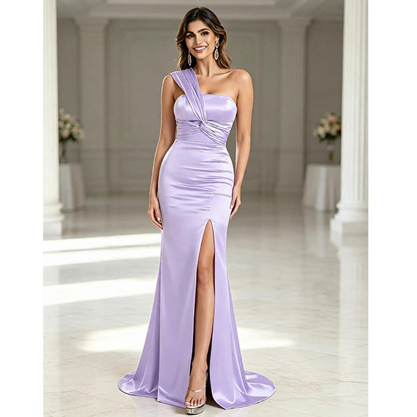 Elegant Soft Satin One Shoulder Strapless Side-Slit Mermaid Bridesmaid Dresses, BDS0401