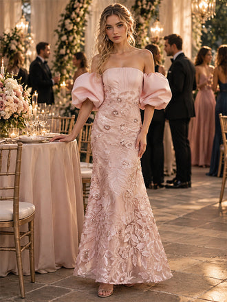 Romantic Dusty Pink Tulle Lace Off Shoulder Puff Sleeve Mermaid Formal Dress,PDS118742