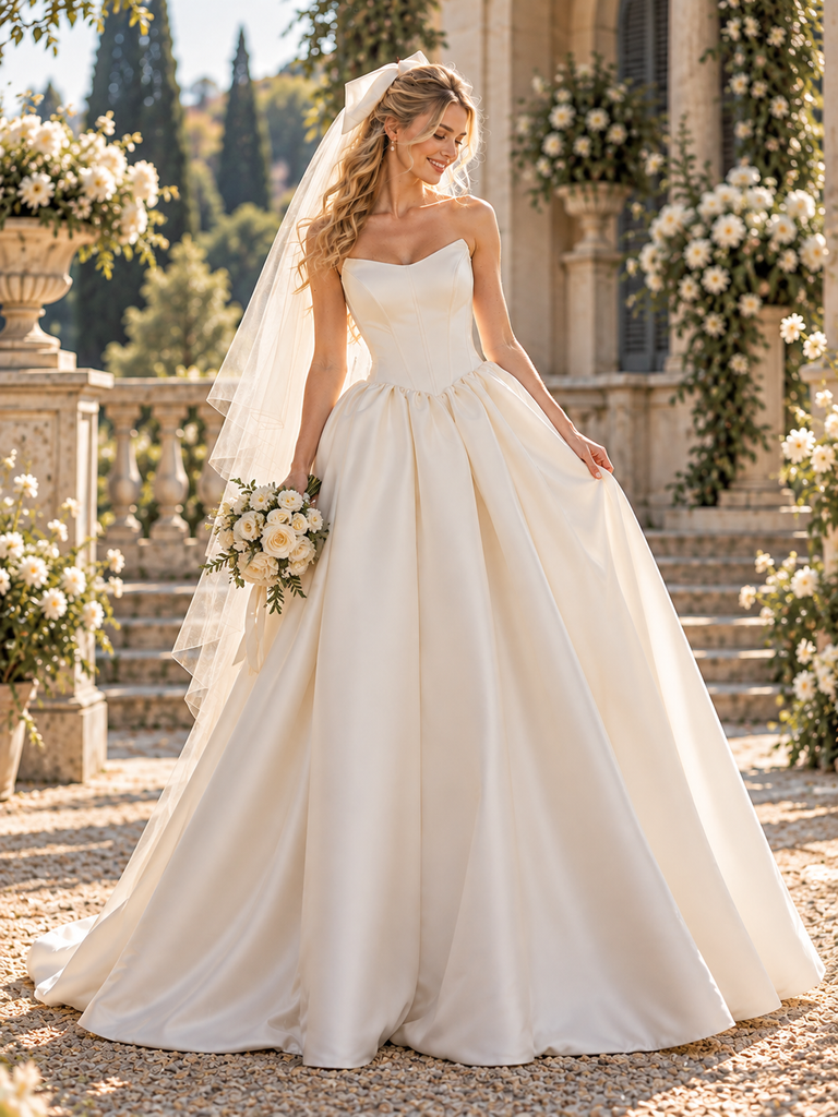 Elegant Strapless Sleeveless Satin A-Line Ball Gown Wedding Dress, WD0408