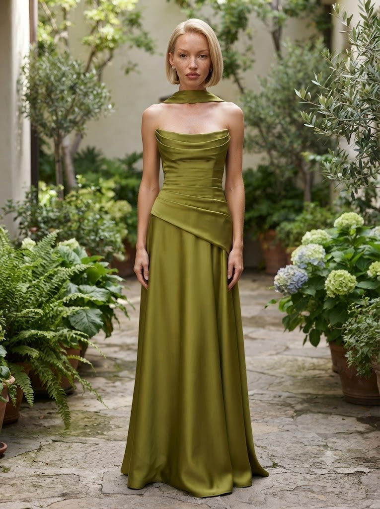 Elegant Olive Green Satin Strapless Draped A-Line Long Bridesmaid Dress,PDS118740