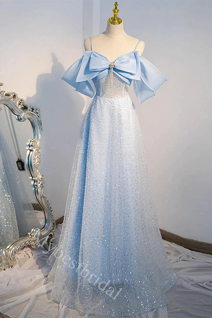 Elegant Spaghetti Straps Bow A-line Floor Length Long Prom Dress,PDS11571