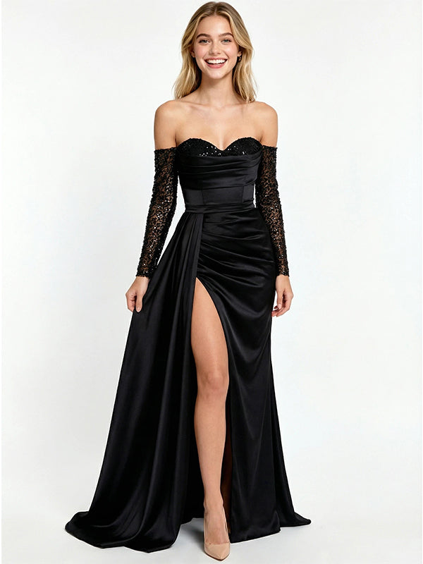 Elegant Off Shoulder Long Sleeves Sheath Floor Length Prom Party Dress,PDS11787