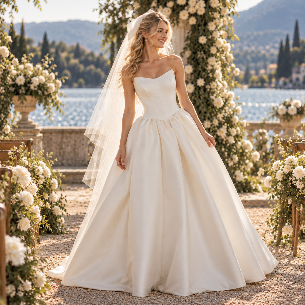 Elegant Strapless Sleeveless Satin A-Line Ball Gown Wedding Dress, WD0408