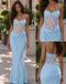 Elegant Light Blue Spaghetti Strap Satin Mermaid Formal Party Dress,PDS118790