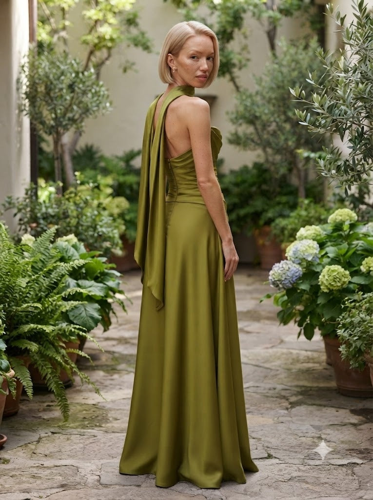 Elegant Olive Green Satin Strapless Draped A-Line Long Bridesmaid Dress,PDS118740