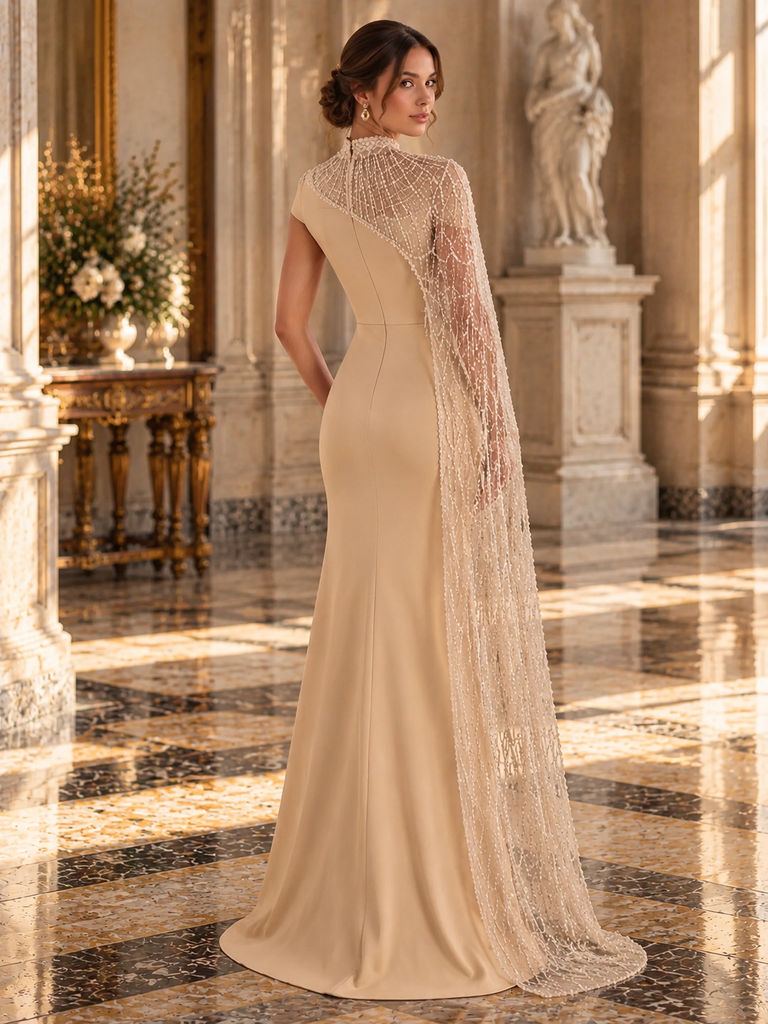 Glam Champagne Stretch Satin Beaded Cape Sleeve Mermaid Formal Prom Dress,PDS118820