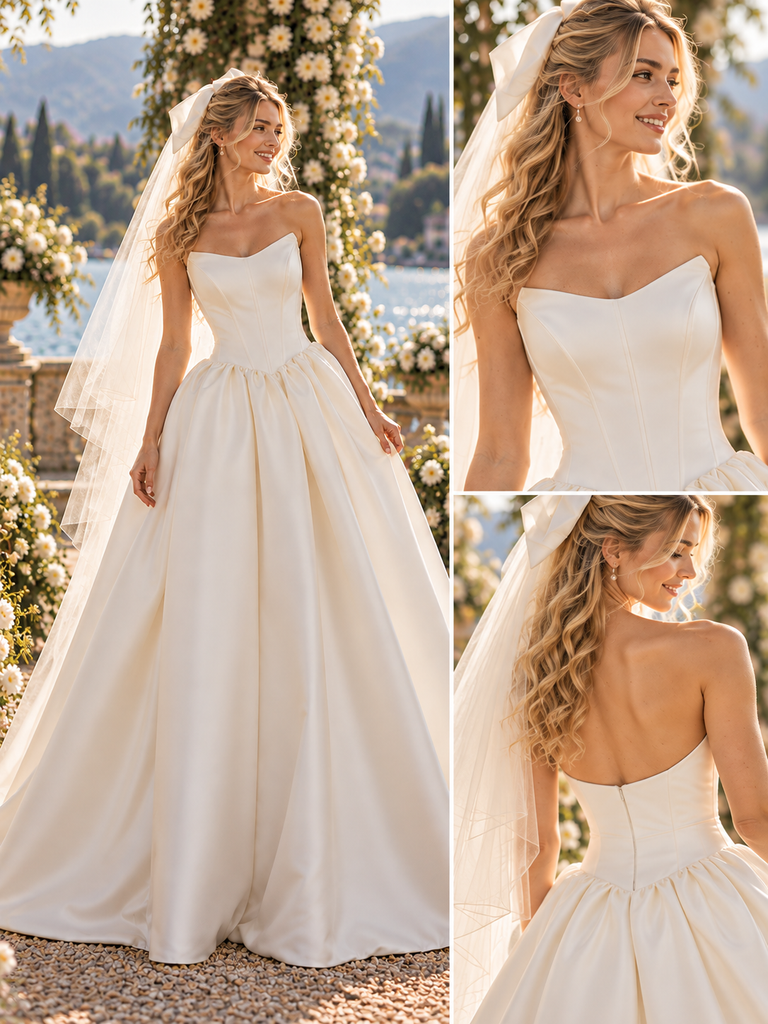 Elegant Strapless Sleeveless Satin A-Line Ball Gown Wedding Dress, WD0408