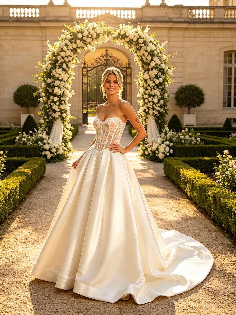 Elegant Lace Top V-Neck Pleats Satin A-Line Floor Length Wedding Dresses, WD0390