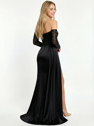 Elegant Off Shoulder Long Sleeves Sheath Floor Length Prom Party Dress,PDS11787