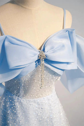 Elegant Spaghetti Straps Bow A-line Floor Length Long Prom Dress,PDS11571