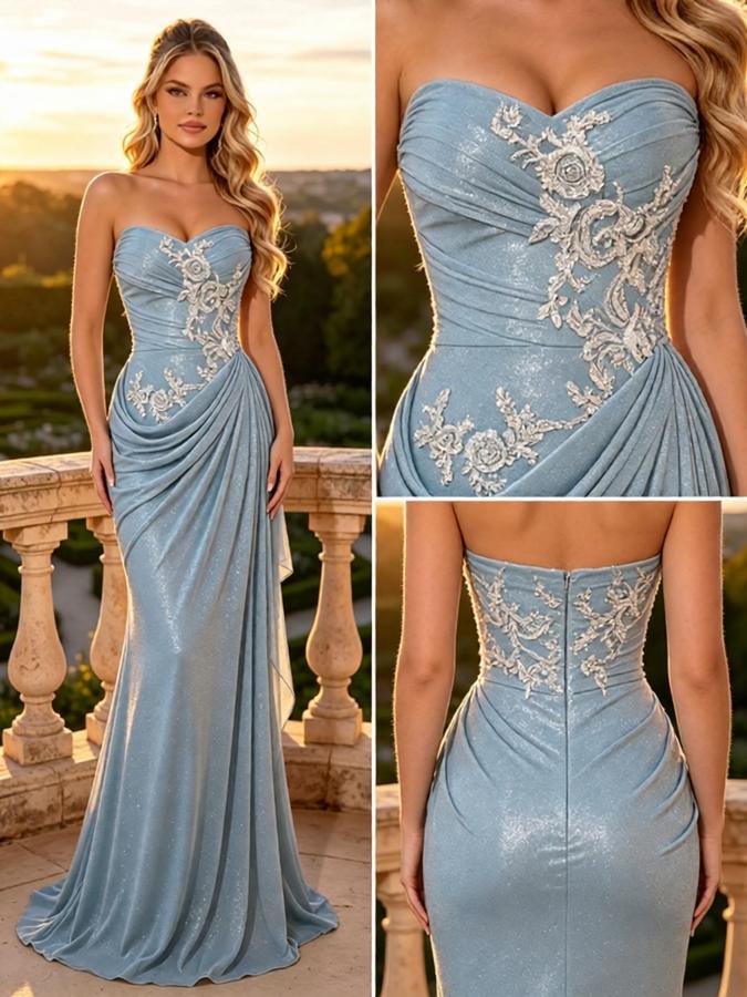 Dusty Blue Sparkle Metallic Strapless Ruched Mermaid Gown with Floral Appliques,PDS118549