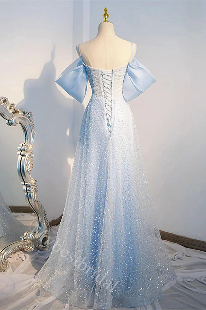 Elegant Spaghetti Straps Bow A-line Floor Length Long Prom Dress,PDS11571