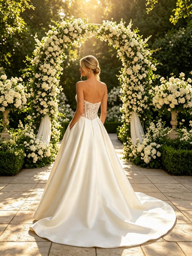Elegant Lace Top V-Neck Pleats Satin A-Line Floor Length Wedding Dresses, WD0390