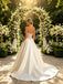 Elegant Lace Top V-Neck Pleats Satin A-Line Floor Length Wedding Dresses, WD0390