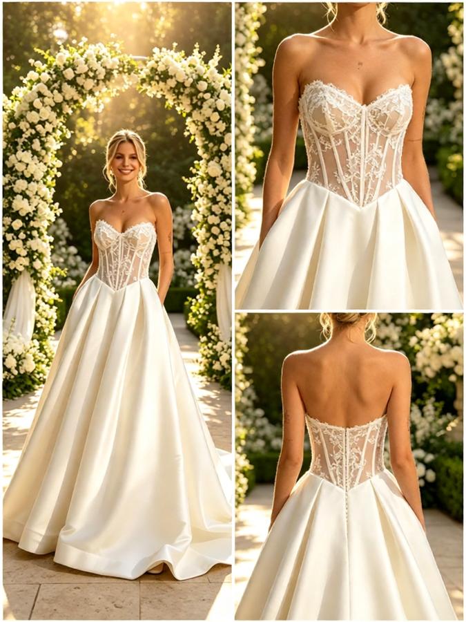 Elegant Lace Top V-Neck Pleats Satin A-Line Floor Length Wedding Dresses, WD0390