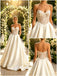 Elegant Lace Top V-Neck Pleats Satin A-Line Floor Length Wedding Dresses, WD0390