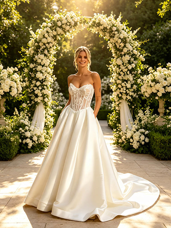 Elegant Lace Top V-Neck Pleats Satin A-Line Floor Length Wedding Dresses, WD0390