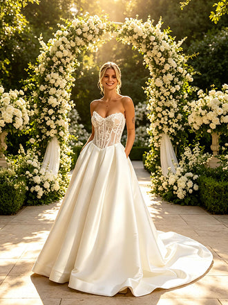 Elegant Lace Top V-Neck Pleats Satin A-Line Floor Length Wedding Dresses, WD0390