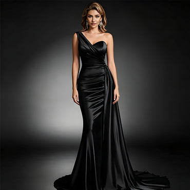 Black Soft Satin One Shoulder Pleated Floor Length Mermaid Bridesmaid Dresses, BDS0403