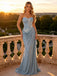 Dusty Blue Sparkle Metallic Strapless Ruched Mermaid Gown with Floral Appliques,PDS118549