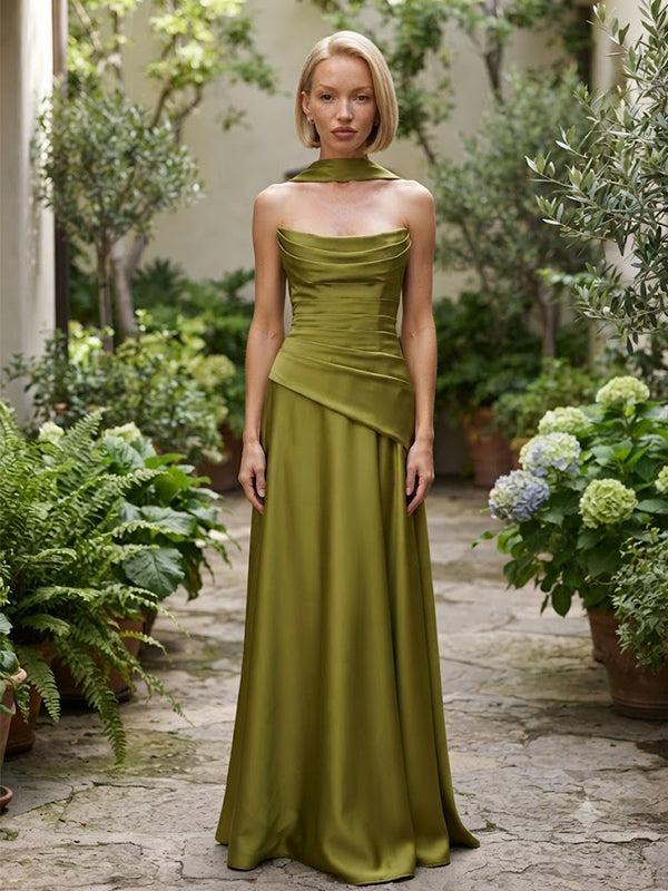 Elegant Olive Green Satin Strapless Draped A-Line Long Bridesmaid Dress,PDS118740