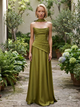Elegant Olive Green Satin Strapless Draped A-Line Long Bridesmaid Dress,PDS118740