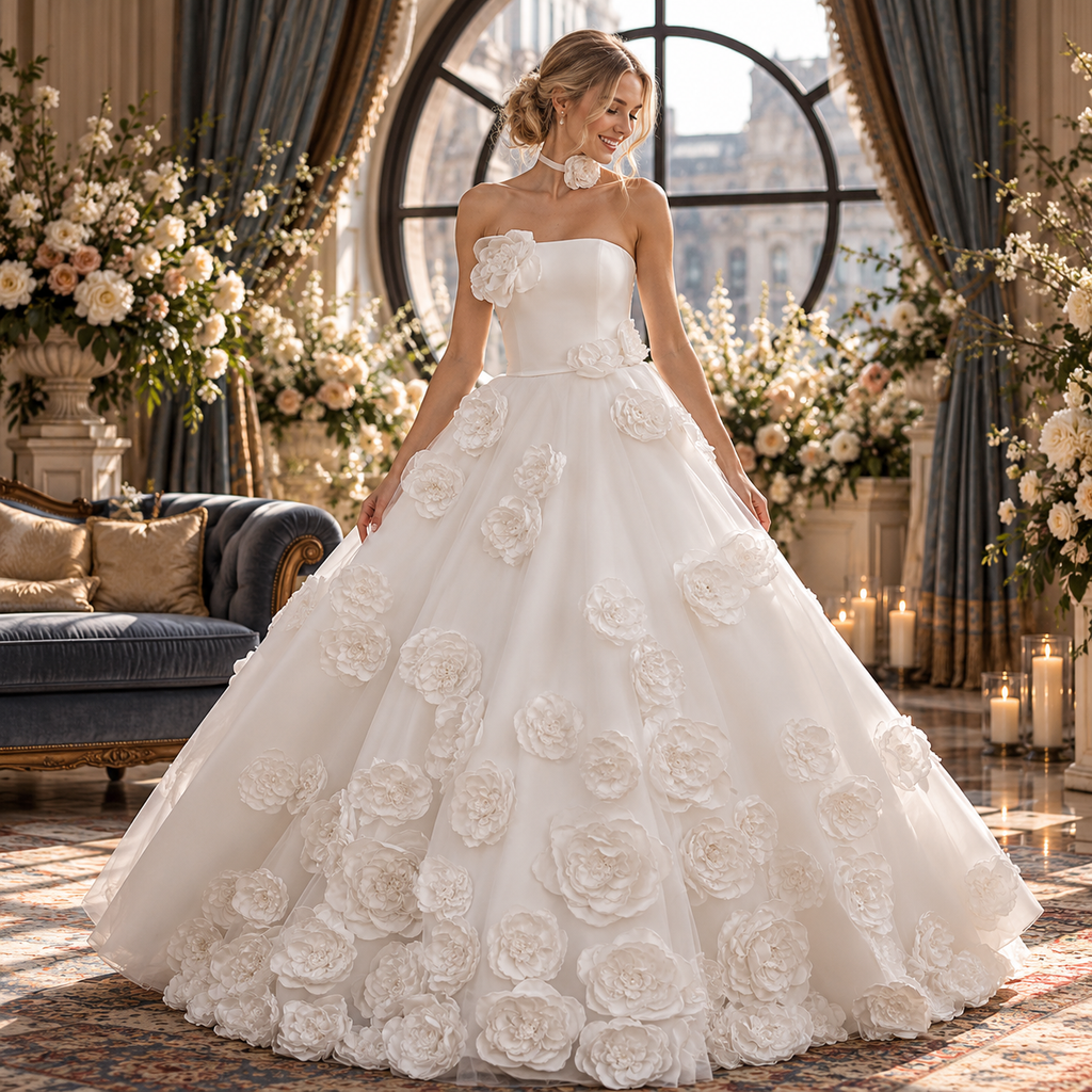 Romantic Strapless Sleeveless 3D Floral Appliques Tulle Wedding Ball Gown, WD0409