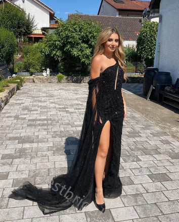 Sexy One Shoulder Sleeveless Side Slit  Mermaid Long Prom Dress,PDS11546