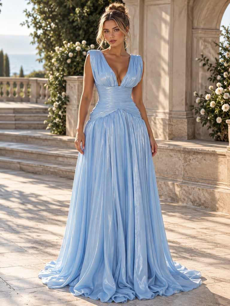 Shiny Sky Blue Metallic Chiffon V Neck Ruched A-Line Long Prom Dress,PDS118741