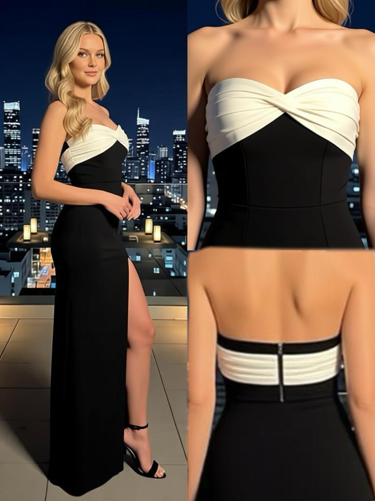 White and Black Strapless Satin Side Slit Mermaid Long Prom Party Dress,PDS11836