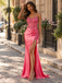 Glam Hot Pink Strapless Lace Applique Satin Slit Mermaid Prom Gown,PDS118791