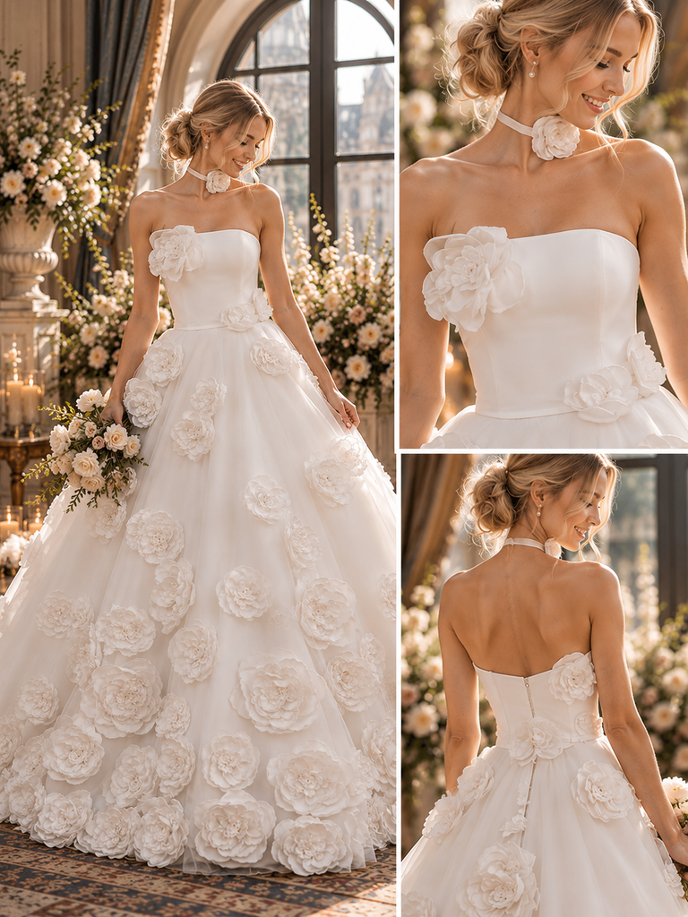 Romantic Strapless Sleeveless 3D Floral Appliques Tulle Wedding Ball Gown, WD0409