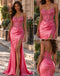 Glam Hot Pink Strapless Lace Applique Satin Slit Mermaid Prom Gown,PDS118791
