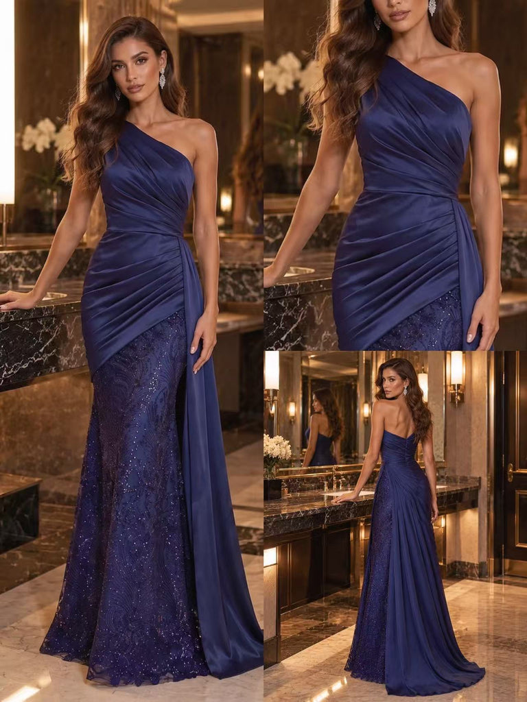 Stunning Navy Satin Lace Sequin One Shoulder Ruched Mermaid Evening Gown,PDS118821