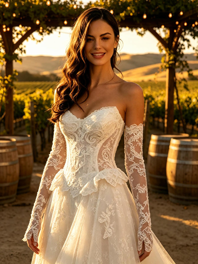 Luxury Lace V-Neck Ruffles Strapless A-Line Floor Length Wedding Dresses, WD0391